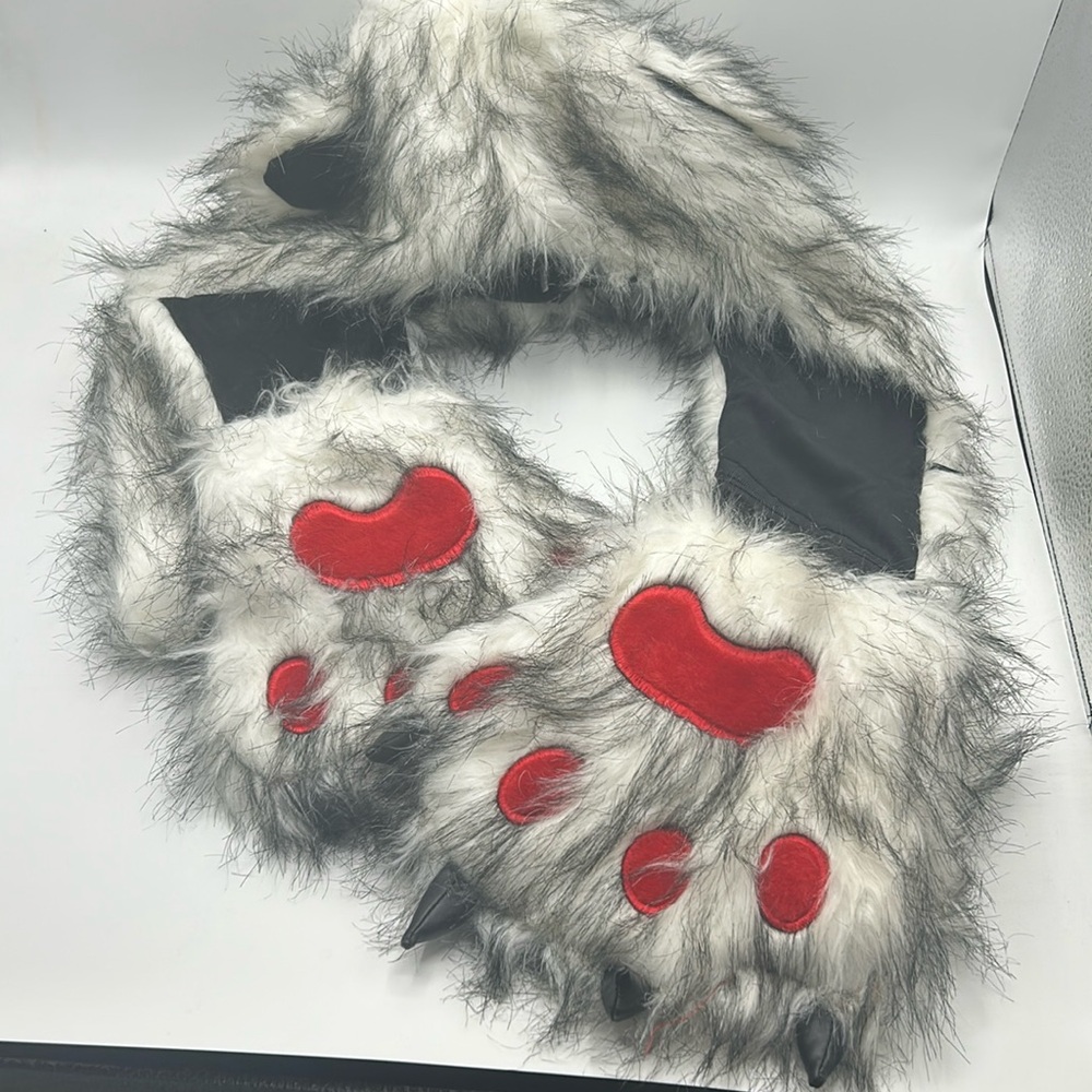 Faux Fur Animal Hoods Hat Scarf Mittens Spirit Anime Paws Ears,Furry Fur